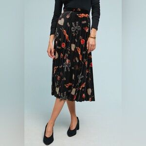 MAEVE Montparnasse Whimsical Goth Black Velvet Pleated Midi Skirt Cheetah XS